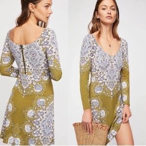 Free People Gabby Mini Dress Long Sleeve V-neck Paisley Print Green